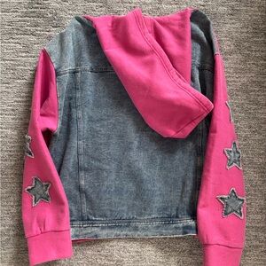 Women’s Pink & Denim Hooded Jacket with Star Appliqués